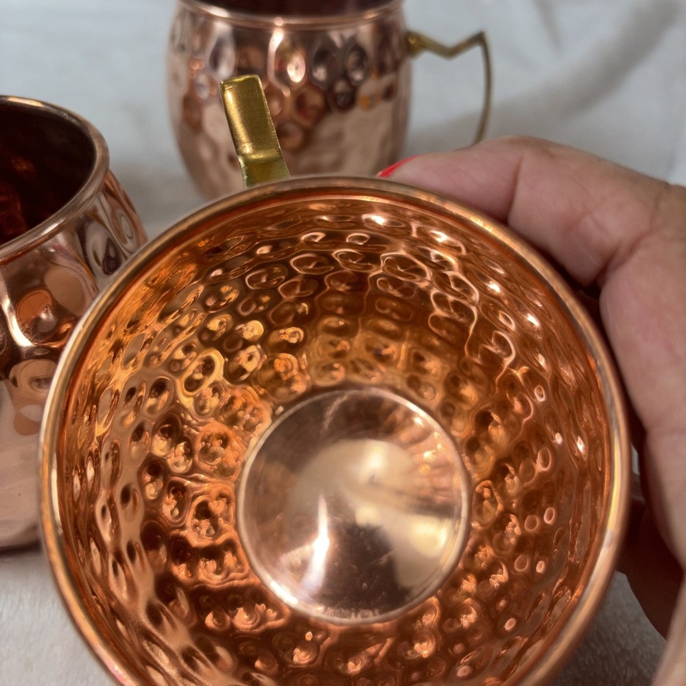 Solid Copper Classic Hammered Moscow Mule Cups Set of 4 Brass Handles Patina GUC - Picture 5 of 12